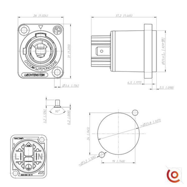 embase powercon neutrik dessin technique