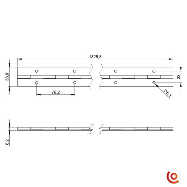 Charnière piano en barre 38 mm dessin technique