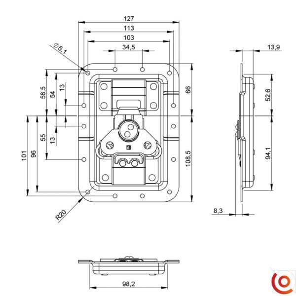 Fermoir Flightcase V3 GM avec Passage de Profilé 172511 dessin technique