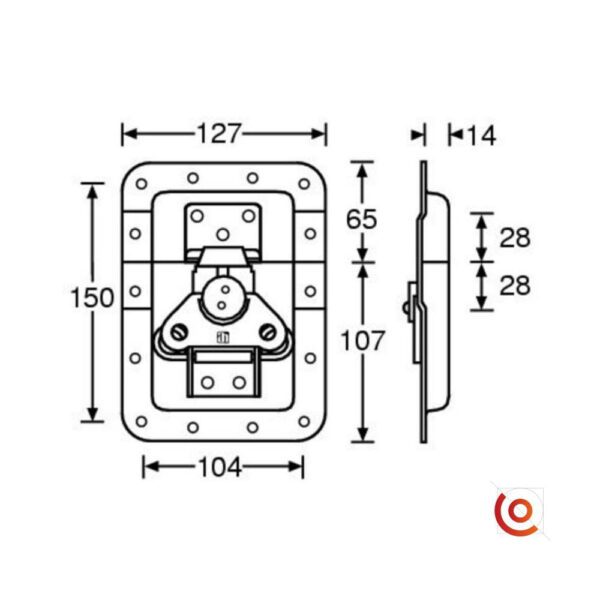 Fermoir papillon grand modèle à ressort cadenassable avec passage de profilé 17251SP dessin technique