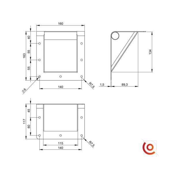 Poignée encastrée à barre sur angle arrière 3405 dessin technique