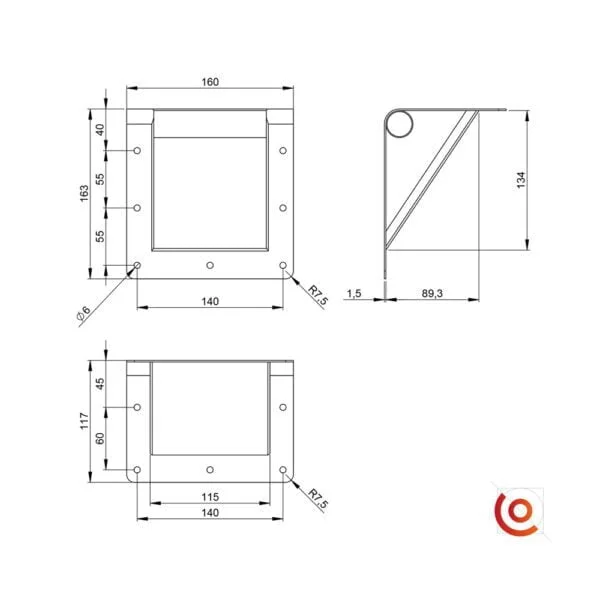 Poignée encastrée à barre sur angle arrière 3405 dessin technique
