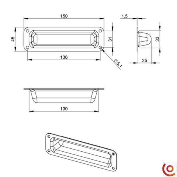 Poignée métal à encastrer pour rack 2u 3411 dessin technique