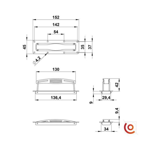 Poignée encastrée type cuvette 3420 dessin technique