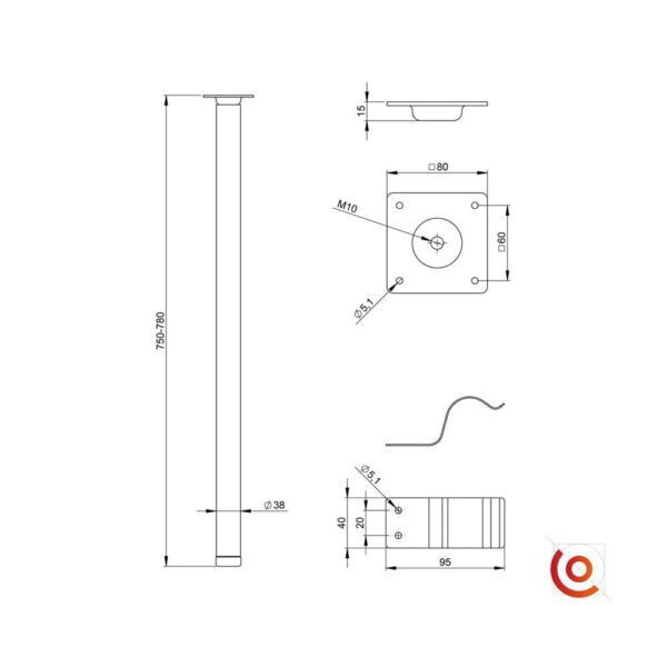 Pieds de table amovible 87990 dessin technique