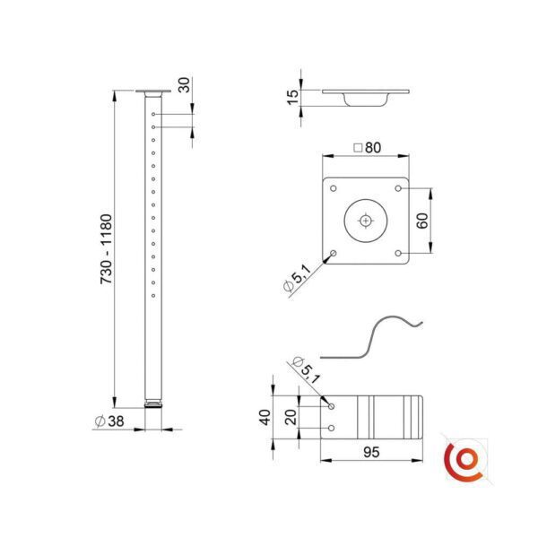 Pieds de table amovible 87991 dessin technique
