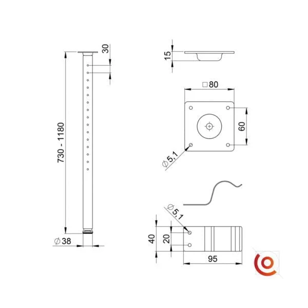 Pieds de table amovible 87991 dessin technique