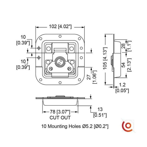 Fermoir papillon encastré medium automatique avec passage pour profilé L9075-928z dessin technique