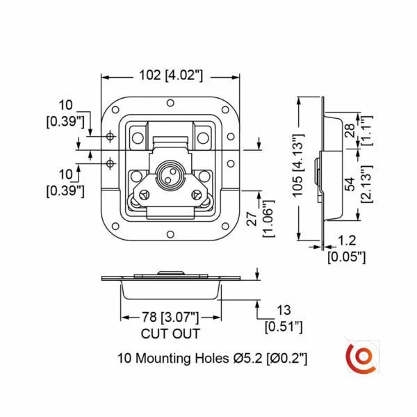 Fermoir papillon encastré medium automatique avec passage pour profilé L9075-928z dessin technique