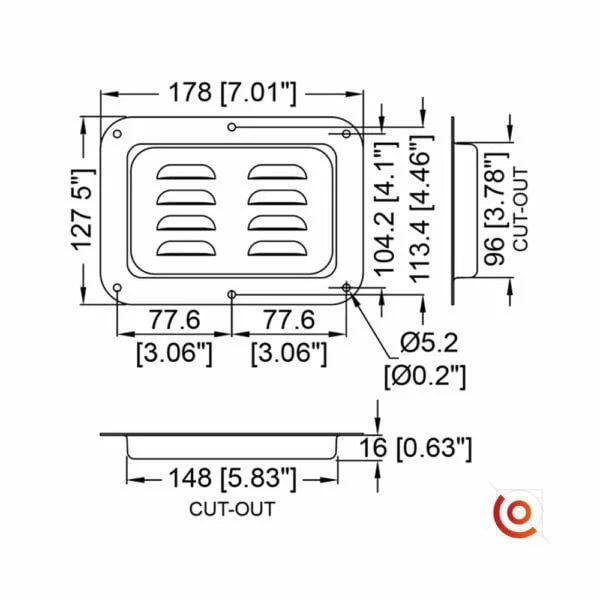 cuvette métallique D'aération horizontale D506/07z dessin technique