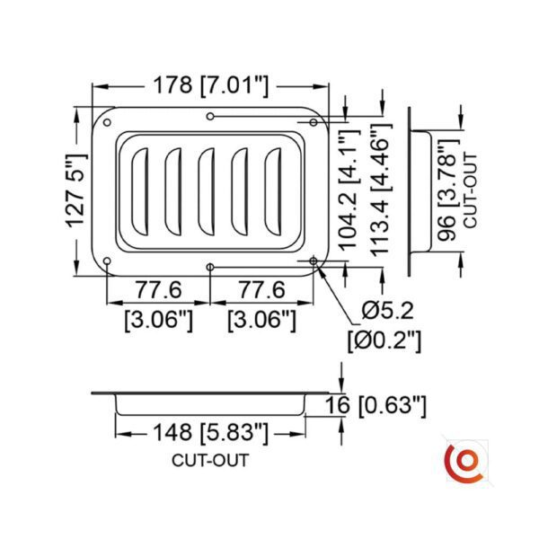 cuvette d'aération verticale grand formatD0536/07z dessin technique