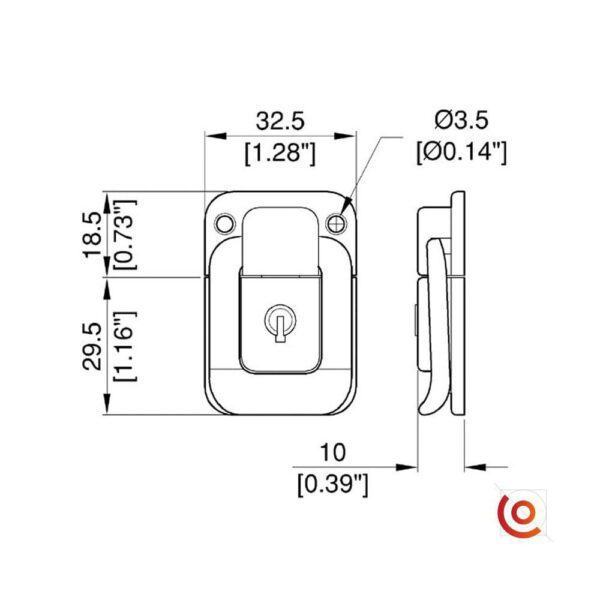 Fermoir grenouille à clef petit modèle chromé L1290 dessin technique