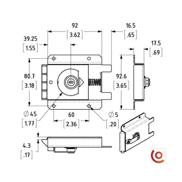 Fermoir Capot plat avec serrure et clefs L2472 dessin technique