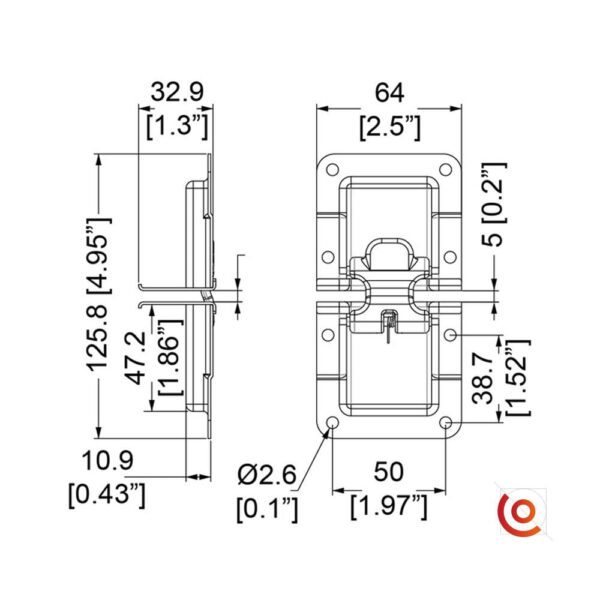 Fermoir flight case : système d'accouplage L3000-7 dessin technique