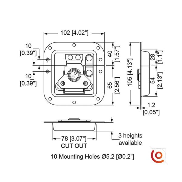 Fermoir papillon encastré modèle medium cadenassable L908-915-10z dessin technique