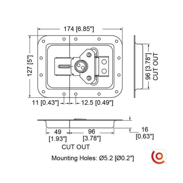 Fermoir encastré grand modèle cadenassable, modèle n°1 L935-530z dessin technique