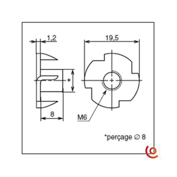 Ecrou à frapper diamètre ECROU-FRAP dessin technique