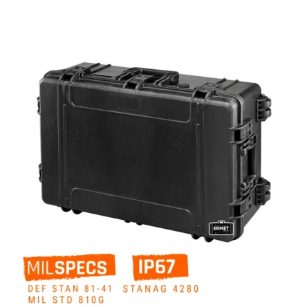 Valise de protection Ermet noire sur roulettes avec normes militaires et étanchéité IP67