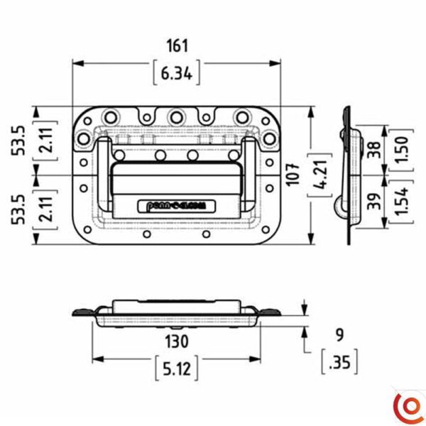 Poignée flight case encastrée en 2 parties h7159ez-SPT dessin technique