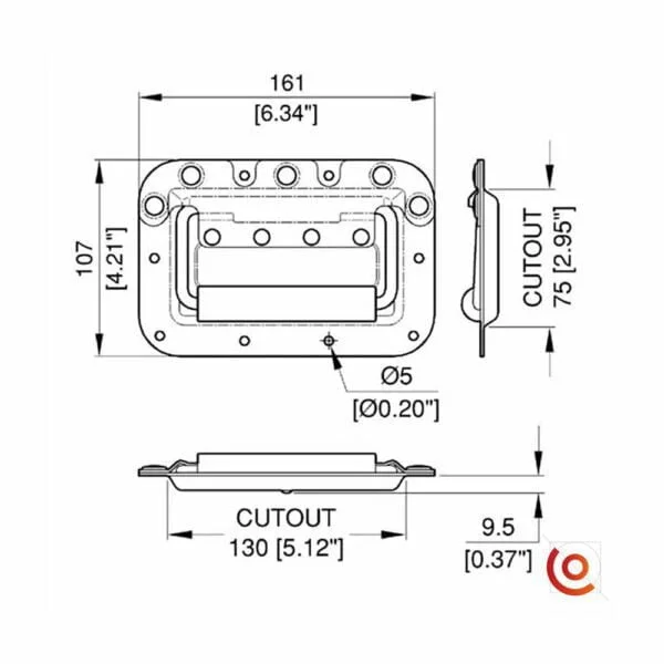 Poignée encastrée avec ressort h7159z dessin technique