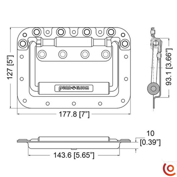 Poignée flight case grand modèle H7165-10z dessin technique