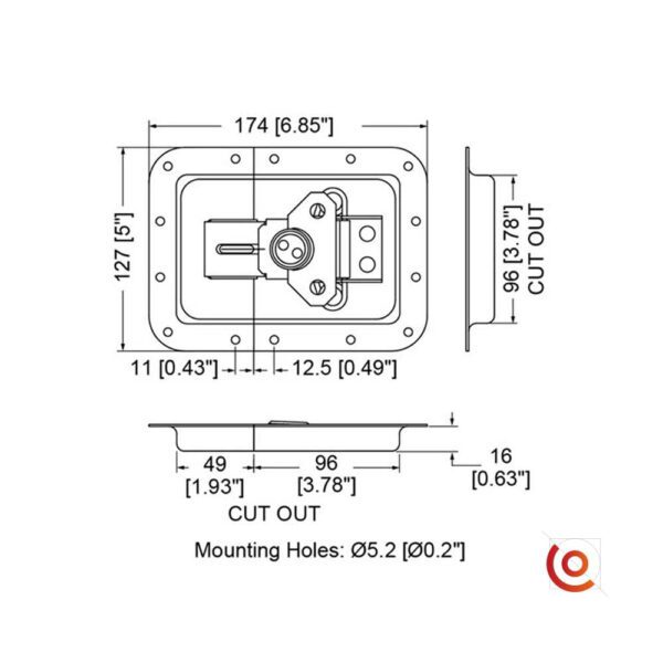 Fermoir papillon encastré grand cadenassable l935-537z dessin technique