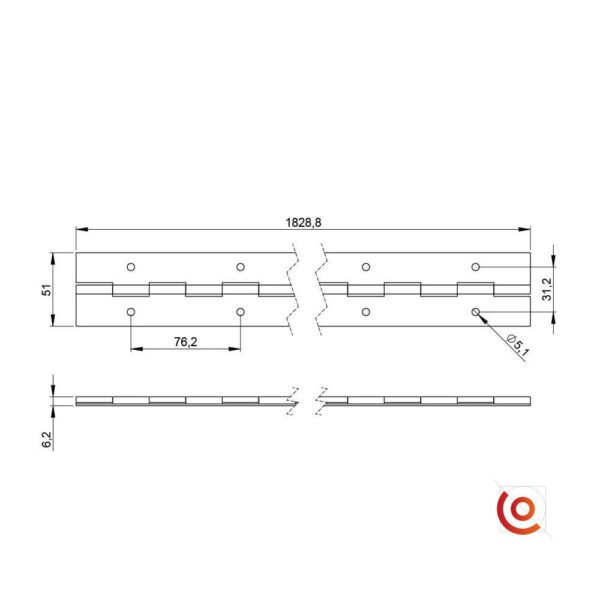 Charnière piano en barre de largeur 51 mm 2606 dessin technique