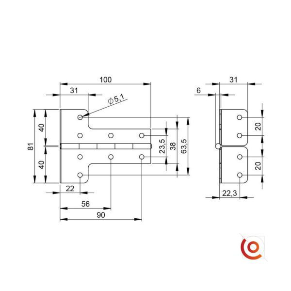 Charnière en L renforcée grand modèle 2640 dessin technique