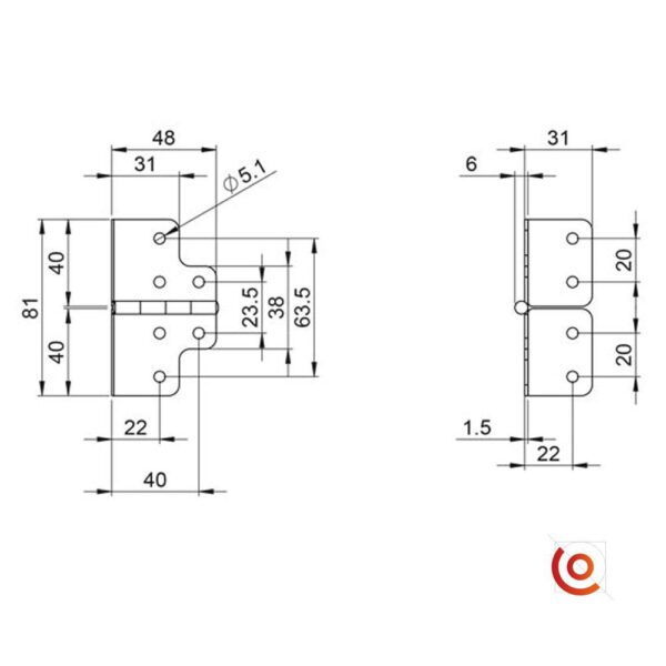 Charnière en L petit modèle 2643 dessin technique