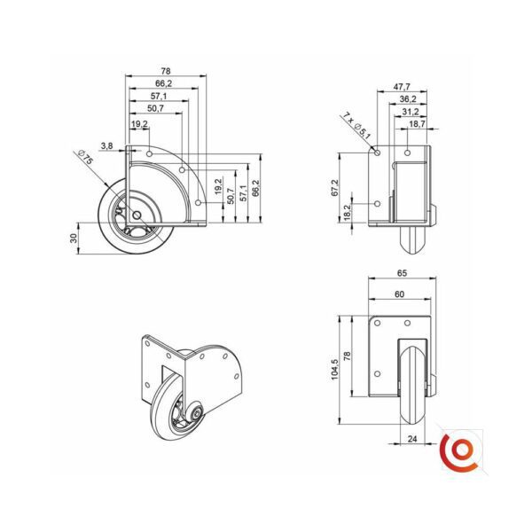 Roulette d'angle encastrée en aluminium 75 mm. dessin technique