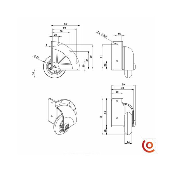 Roulette d'angle 75 mm de surface 37500S dessin technique