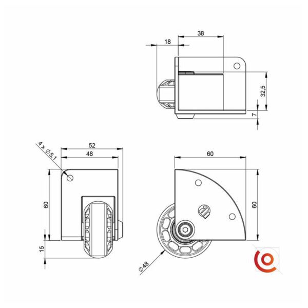 Roulette d'angle 48 mm alu 37600S dessin technique