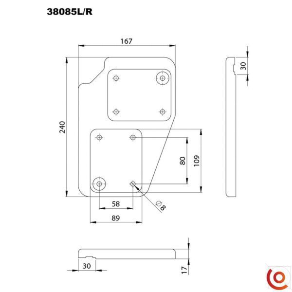 Platine pour roulettes en polyamide (partie Droite) 38085R dessin technique