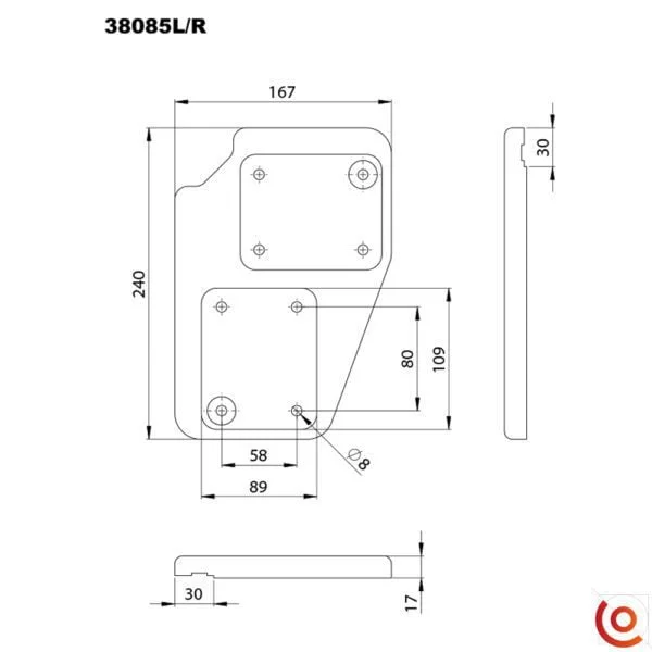 Platine pour roulettes en polyamide (partie Droite) 38085R dessin technique