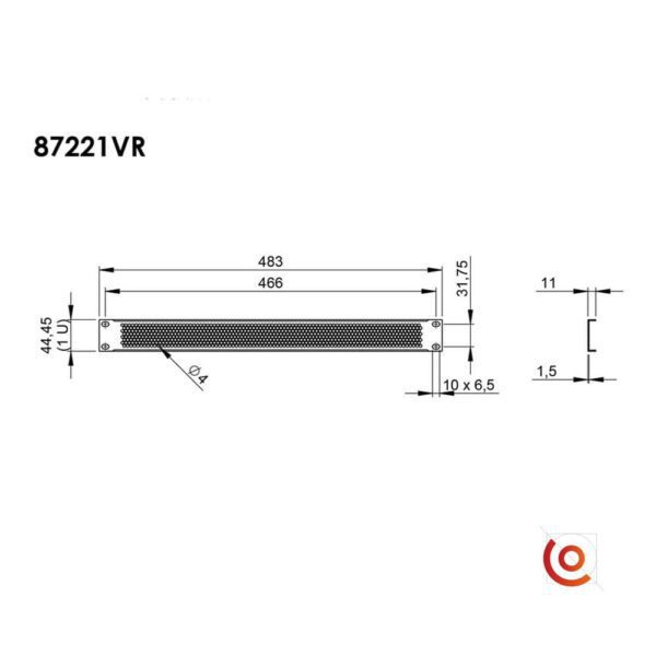 Panneau d’aération rackable en acier 1U87221VR-1 dessin technique