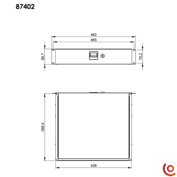 Tiroir rackable 19 pouces 2U à clefs 87402 dessin technique