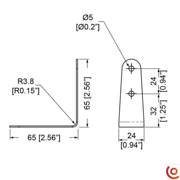 Renfort d'angle 4 trous 65 x 24 mm B1115z dessin technique