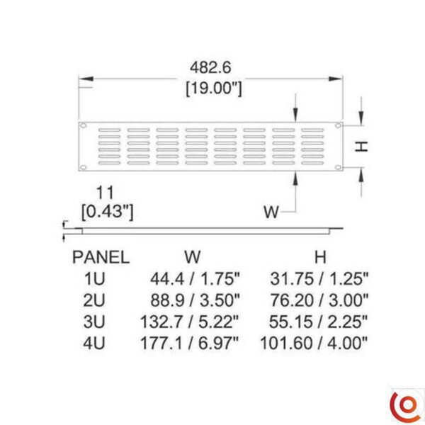 Panneau rackable en U en acier avec fentes 1U R1279-1uk dessin technique