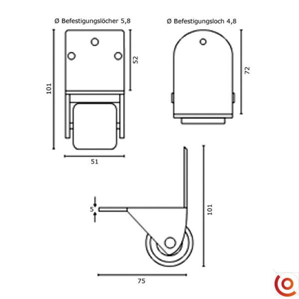 Roulette d'angle en plastique petit modèle diamètre 40 mm a5253 dessin technique