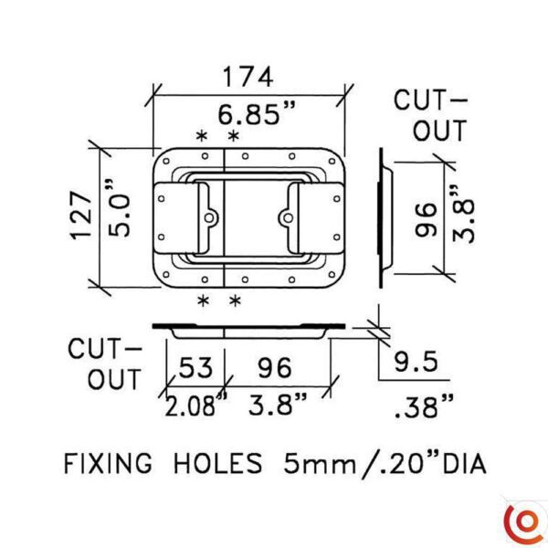 Arrêtoir de couvercle 174 x 127 x ép. 9.5 mm (avec passage de profilé) d0558z dessin technique