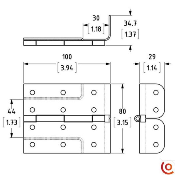 Charnière en L renforcée p50030-22-r1z dessin technique