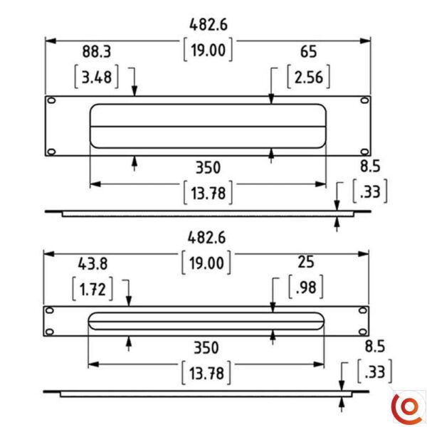 Panneau rackable en 2U avec brosse r1268-2UK-PBS dessin technique