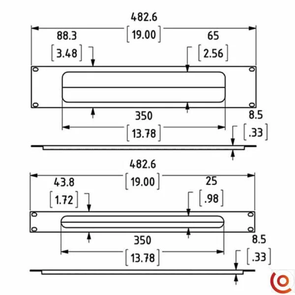 Panneau rackable en 2U avec brosse r1268-2UK-PBS dessin technique