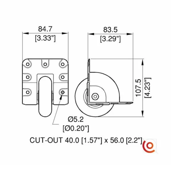 Roulette encastrée diamètre 75 mm W8075z dessin technique