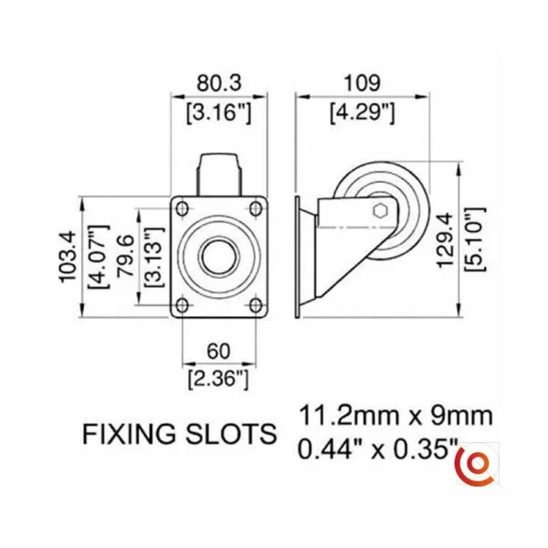 Roulette flightcase 80mm sans frein W0990-80 dessin technique