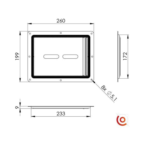 Plaque de marquage encastrable avec fenêtre en plexiglas 88200 dessin technique
