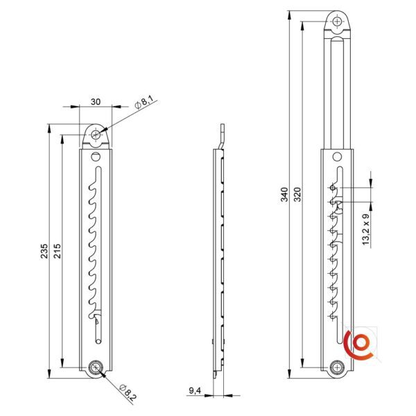 crémaillère 10 points d'accroche pour capot deflight case 8735 adam hall dessin technique