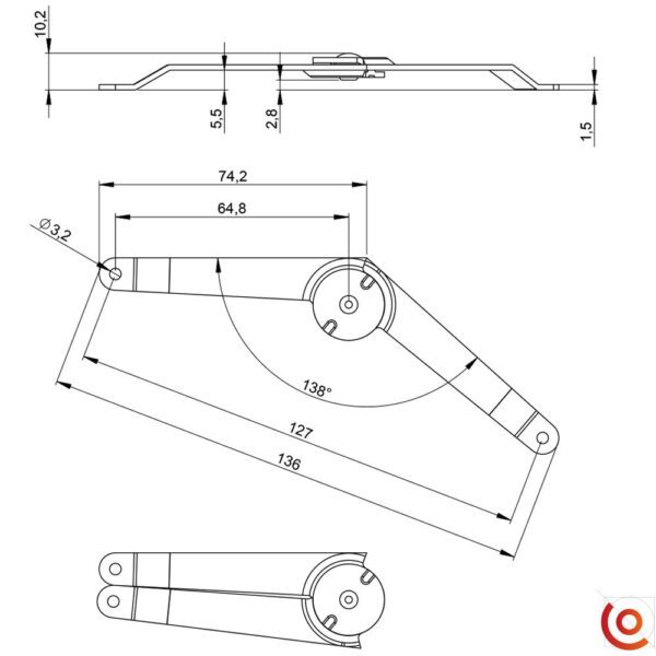 Charnière compas d’arrêt petit modèle 2701 dessin technique