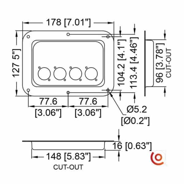 Plan technique pour Cuvette métal pour 4 connecteurs Neutrik penn elcom D024z