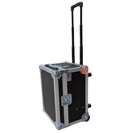 Flight case trolley noir avec intérieur en mousse, roues bleues, poignée télescopique Conex online